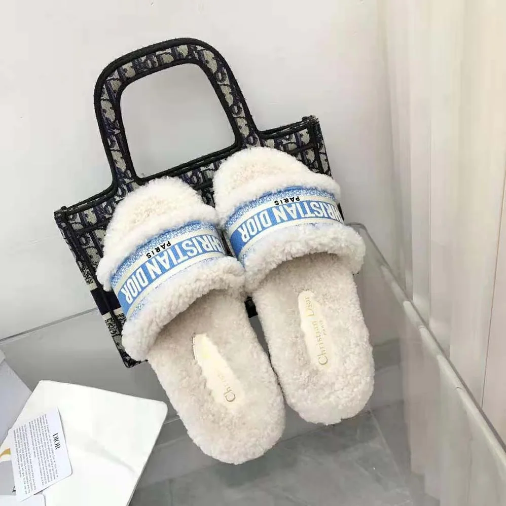 Dior Dway Slide Cornflower Blue Embroidered Cotton and White Shearling for Women