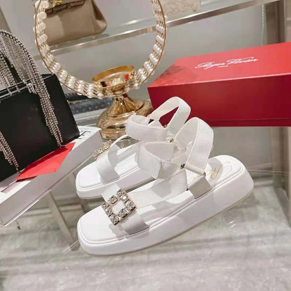 Roger Vivier Vivier Slide Trekky Strass Buckle Sandals in Fabrics for Women in White