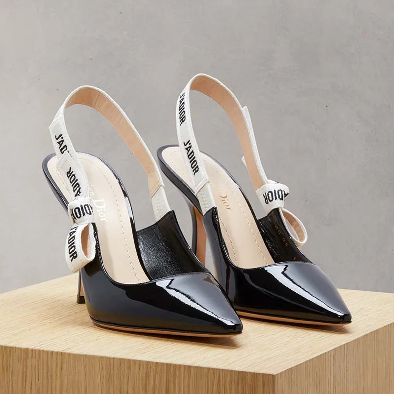 Dior Slingback Black Patent Calfskin Leather J'Adior Ribbon 10cm for Women