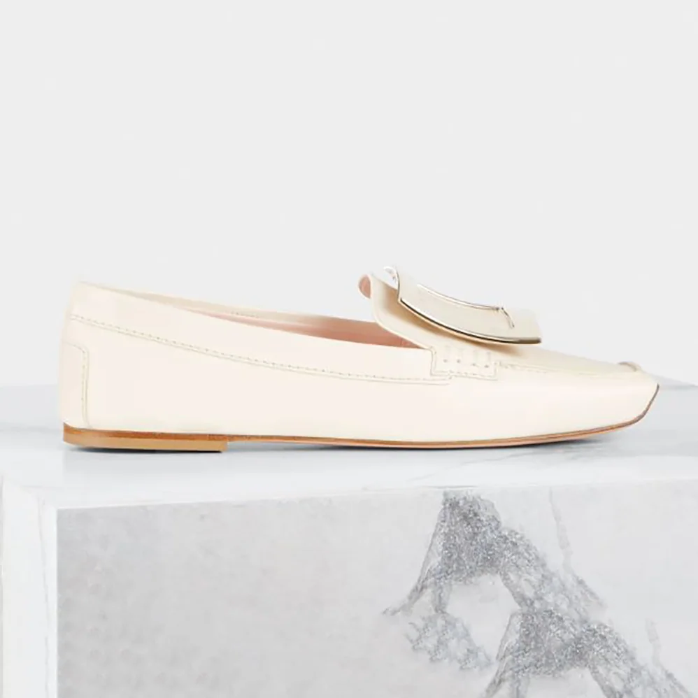 Roger Vivier Viv' Driver Metal Buckle Loafers in Leather for Women in White Roger Vivier Viv' Driver Metal Buckle Loafers in Leather for Women in White