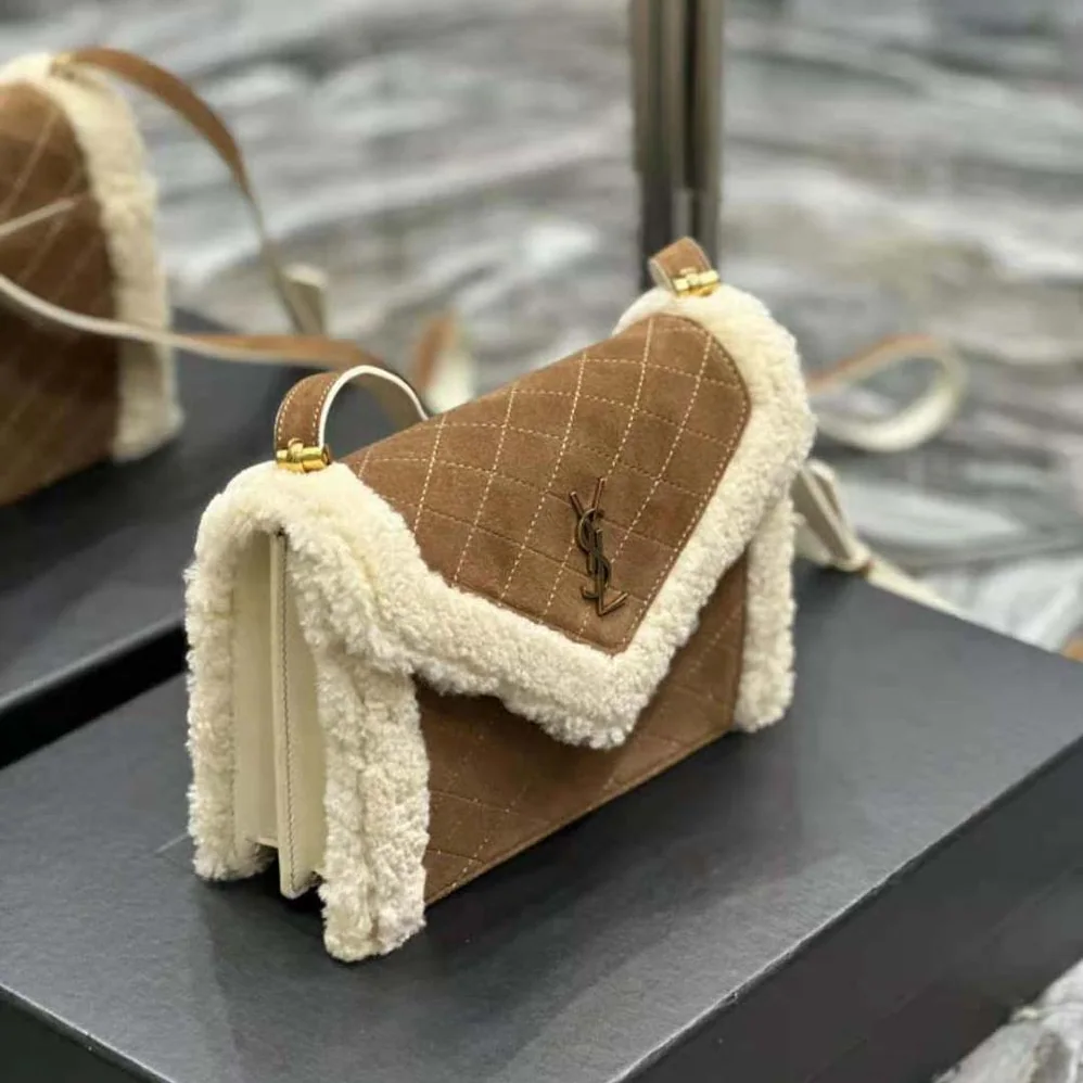 Saint Laurent YSL Gaby Satchel in Quilted Suede and Shearling for Women