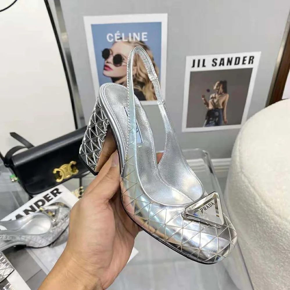 Prada Metallic Leather Slingback Pumps for Women in Silver Prada Metallic Leather Slingback Pumps for Women in Silver