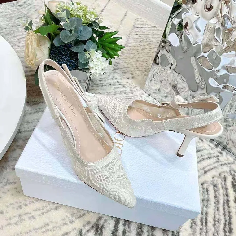 Dior J'Adior Slingback Pump White Macramé Embroidered Cotton for Women Dior J'Adior Slingback Pump White Macramé Embroidered Cotton for Women