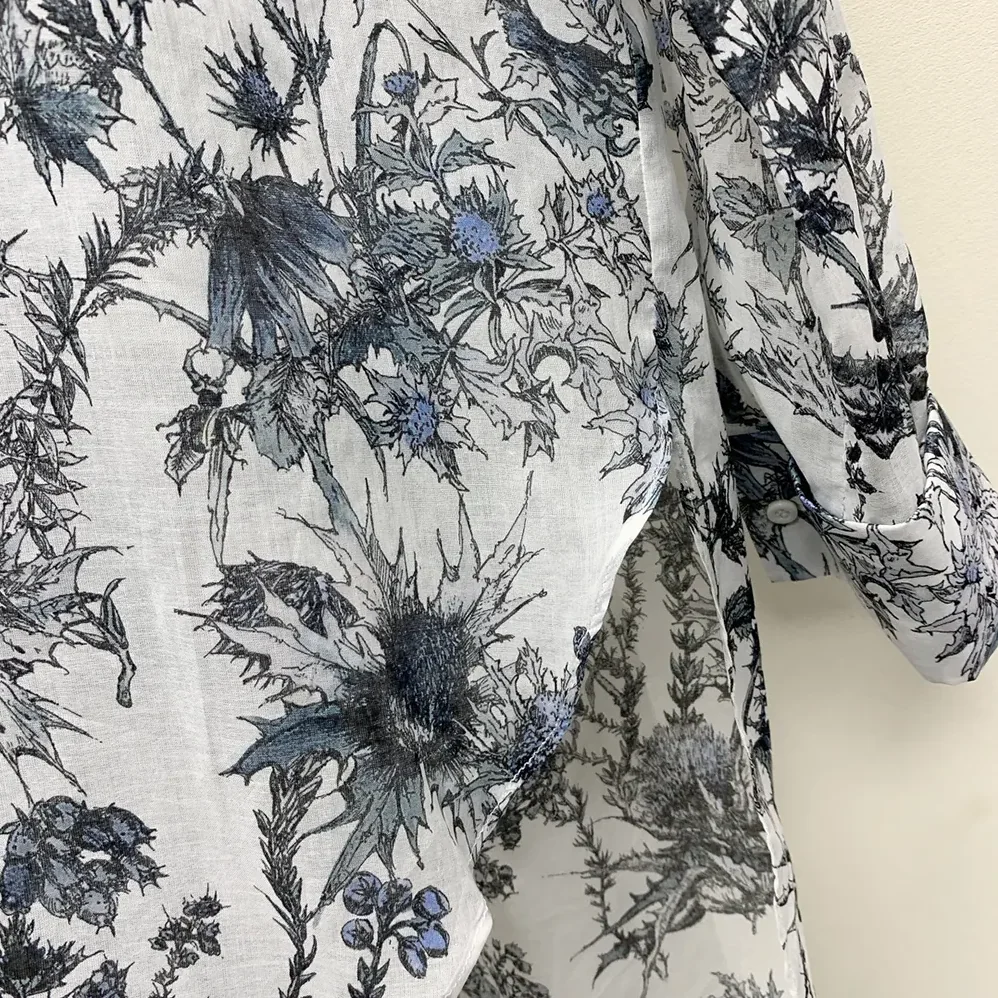 Dior Long Blouse White Cotton Muslin with Blue Dior Chardons Motif for Women