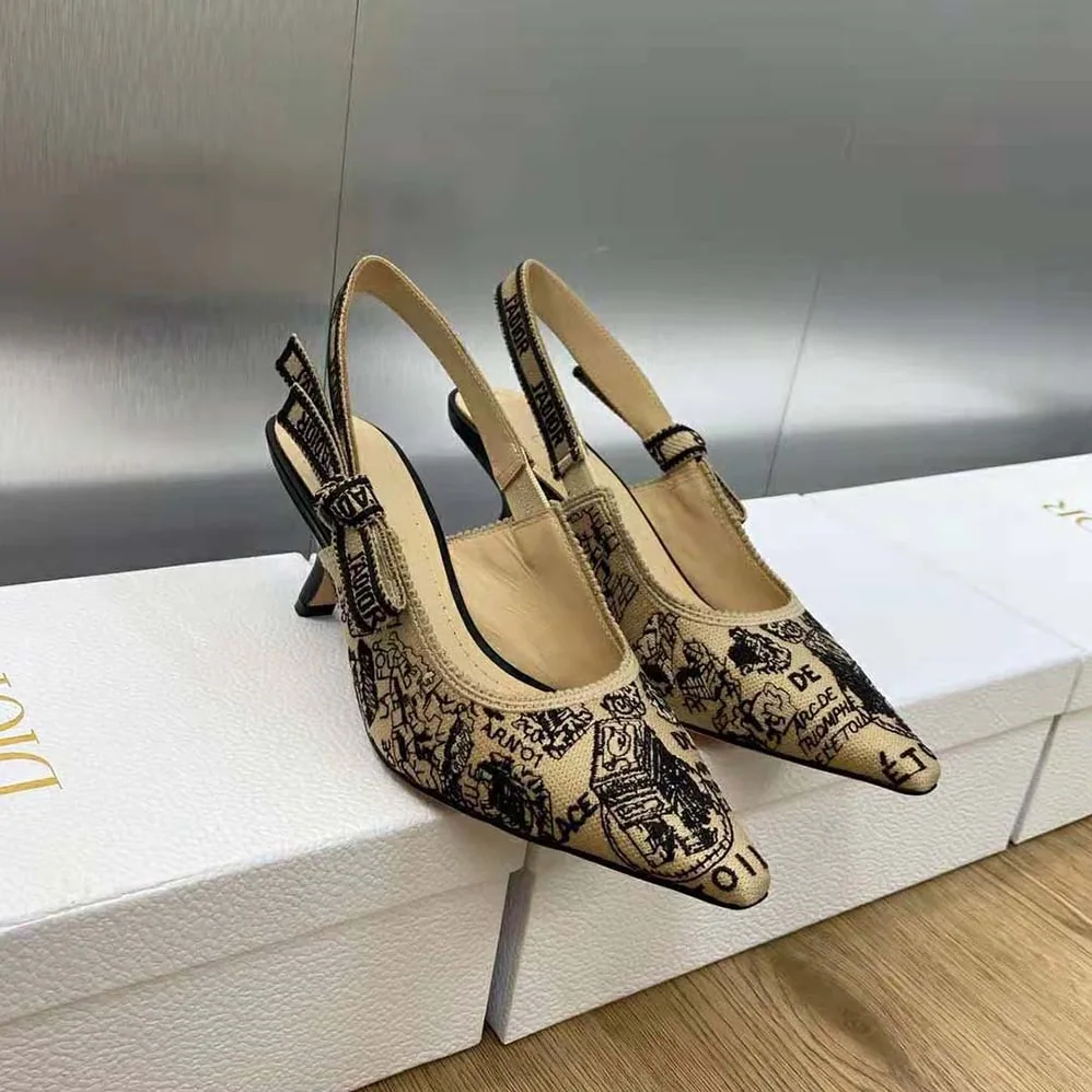 Dior J'Adior Slingback Pump Beige and Black Cotton Embroidered with Plan de Paris Motif for Women Dior J'Adior Slingback Pump Beige and Black Cotton Embroidered with Plan de Paris Motif for Women