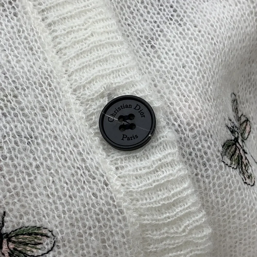 Dior Twinset White Mohair and Alpaca Blend Knit with Multicolor Dragonfly Motif for Women