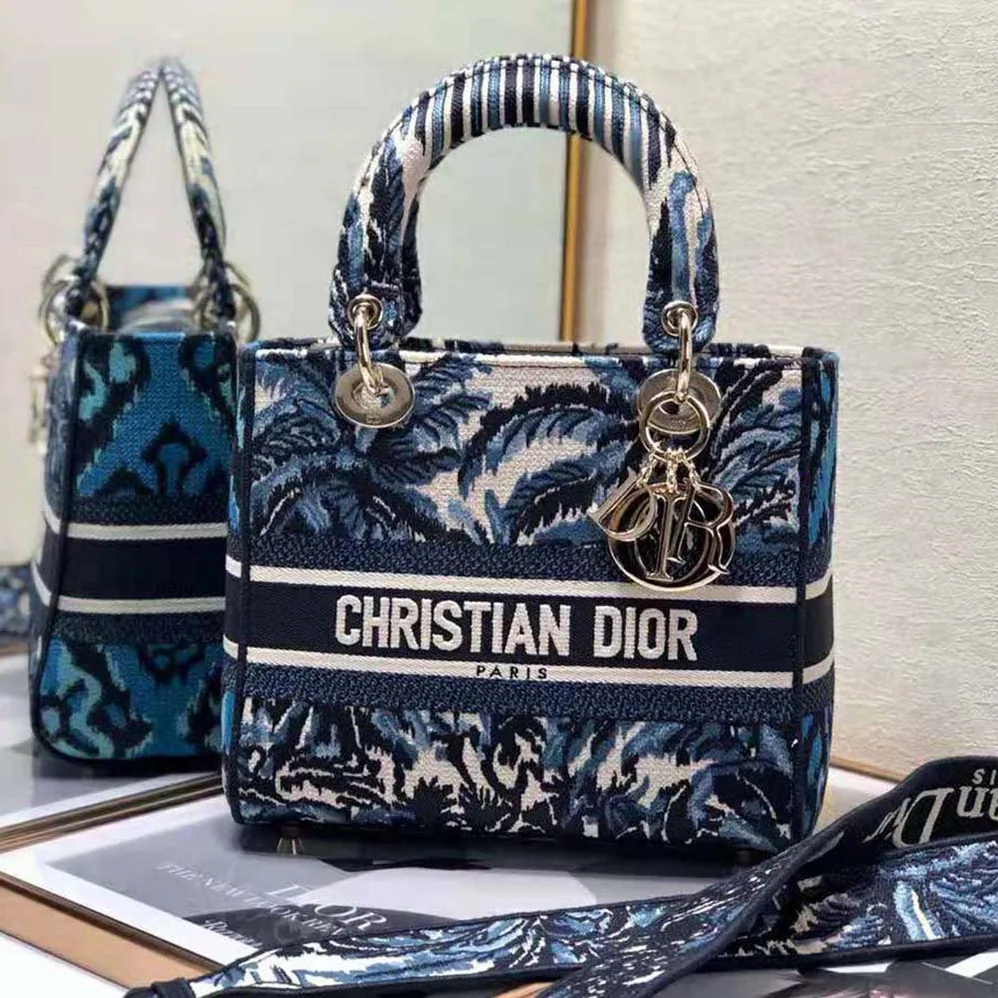 Dior Medium Lady D-lite Bag Blue Dior Palms Embroidery for Women