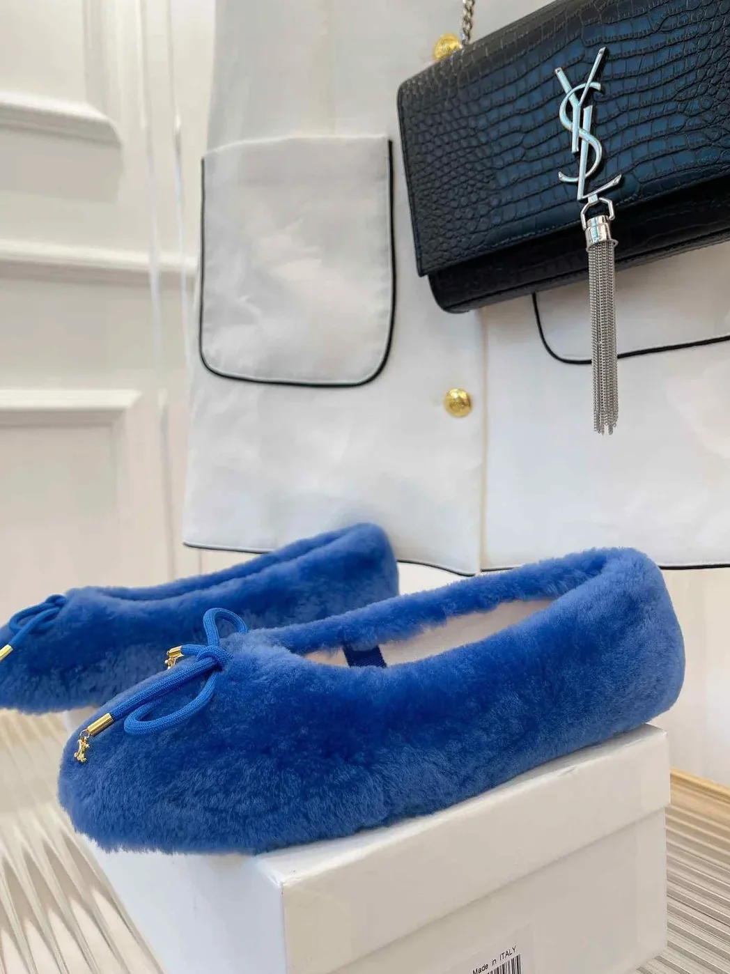 Celine Les Ballerines Celine Ballerina With Triomphe Laces And Fur Blue Celine Les Ballerines Celine Ballerina With Triomphe Laces And Fur Blue