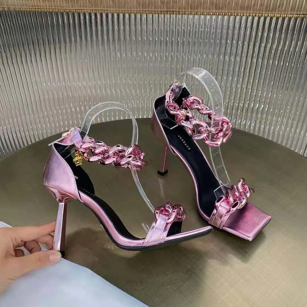 Versace Medusa Chain Suede Sandals in 11cm Heel for Women in Pink Versace Medusa Chain Suede Sandals in 11cm Heel for Women in Pink