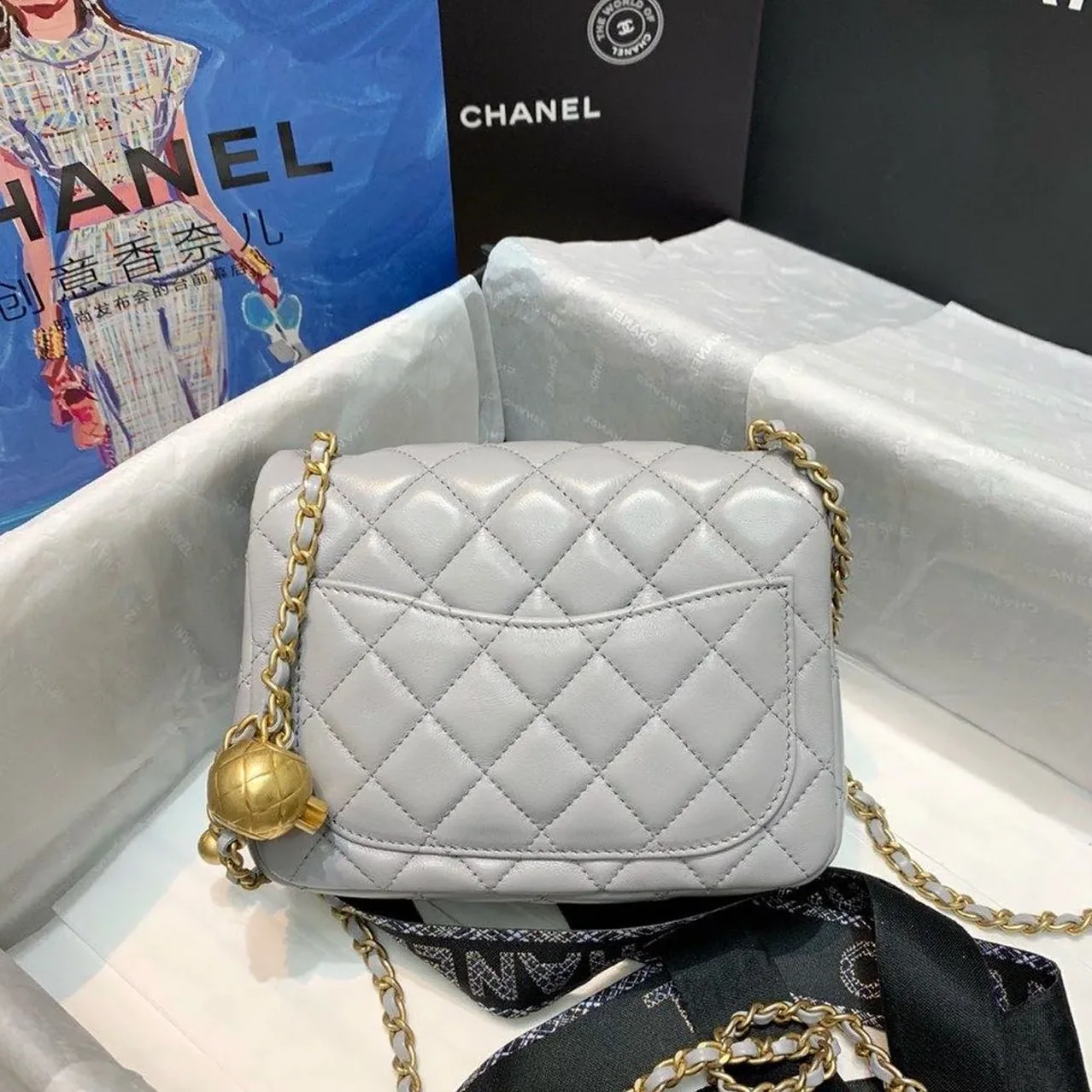Chanel Classic Flap Bag With Charm Chain Mini Crossbody in Grey Gold Hardware