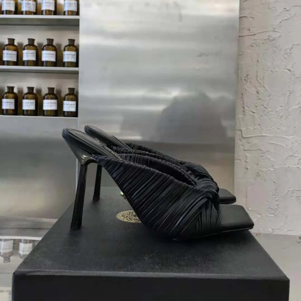 Versace Plisse Nappa Leather Mules in 11cm Heel for Women in Black Versace Plisse Nappa Leather Mules in 11cm Heel for Women in Black
