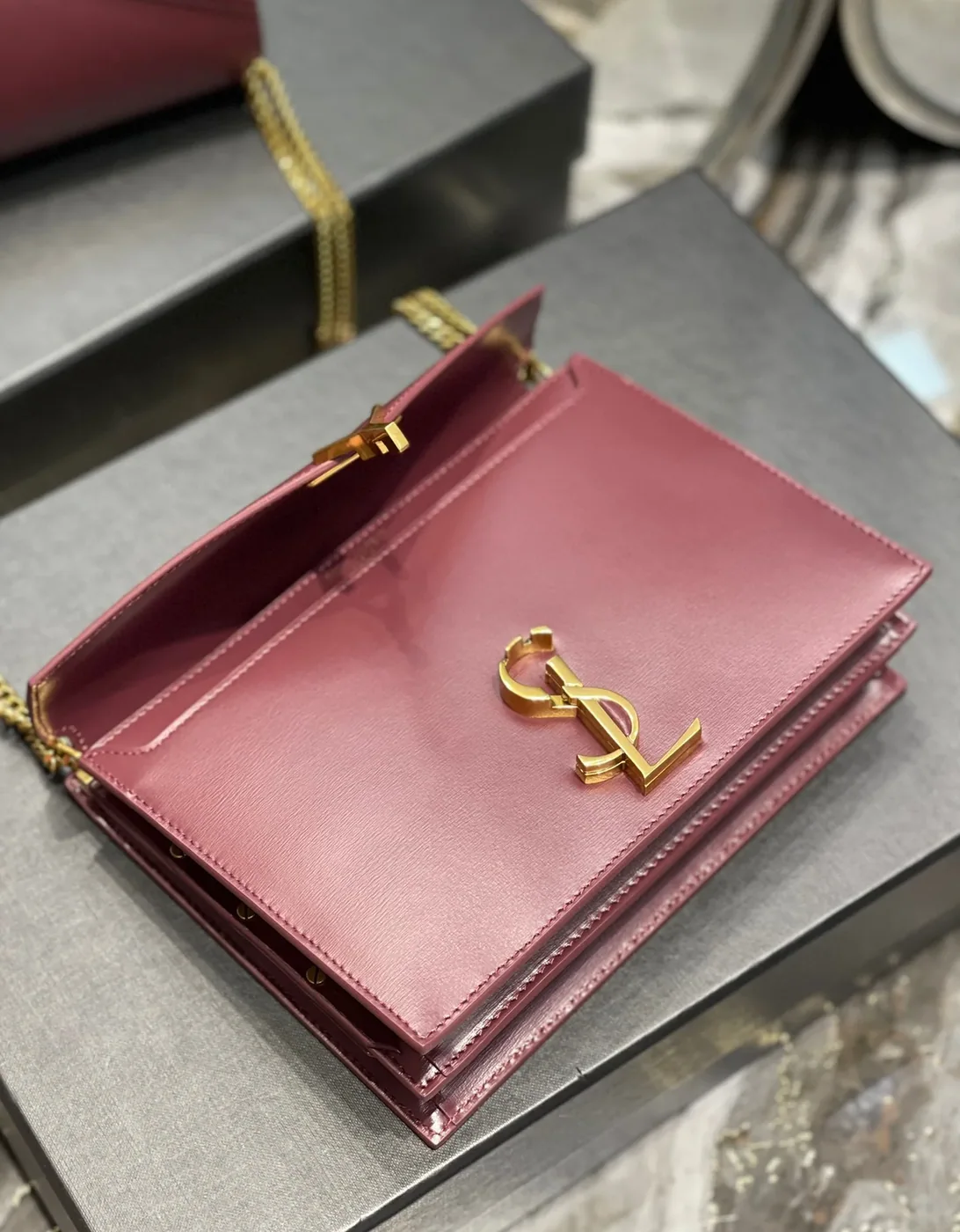 Saint Laurent Cassandra Medium Shoulder Bag in Burgundy Gold Hardware