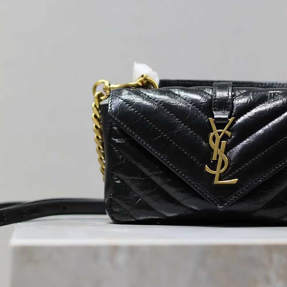 Saint Laurent YSL College Mini Chain Bag in Shiny Crackled Leather for Women in Black Saint Laurent YSL College Mini Chain Bag in Shiny Crackled Leather for Women in Black