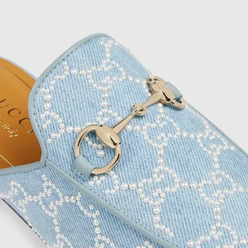 Gucci Princetown With Pearls Slippers Blue Denim Light Gold Hardware ? FAFTM 4963 Gucci Princetown With Pearls Slippers Blue Denim Light Gold Hardware ? FAFTM 4963