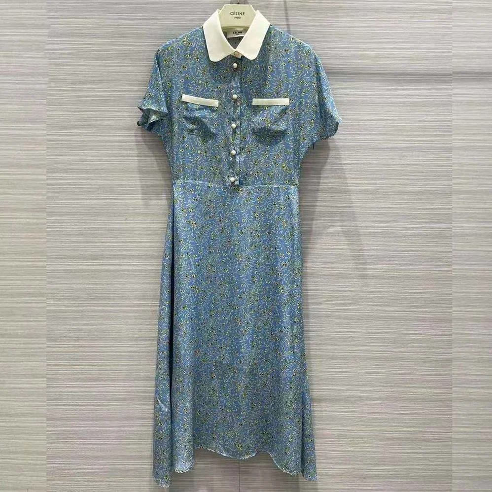 Celine Preppy Dress in Crepe DE Chine for Women in Blue