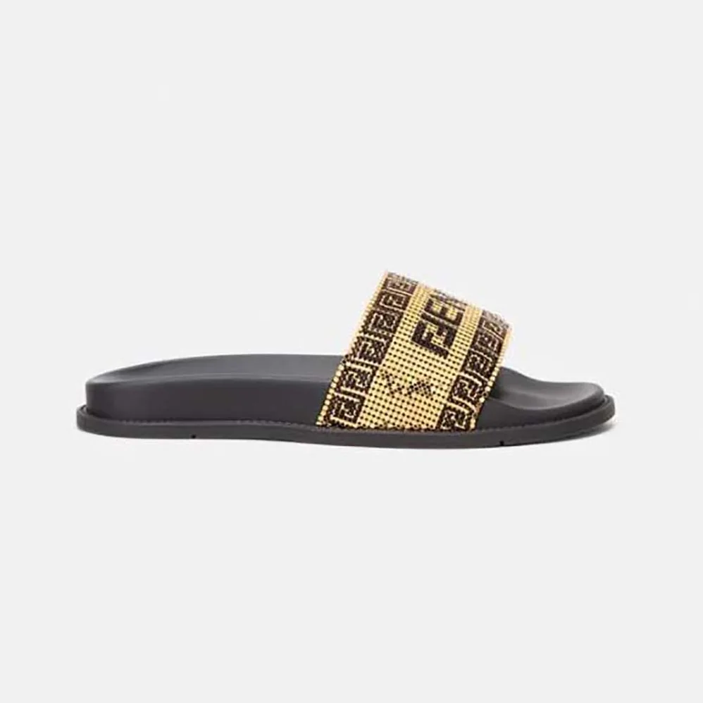 Versace Fendace Logo Metal Mesh Sliders for Unisex in Black Versace Fendace Logo Metal Mesh Sliders for Unisex in Black