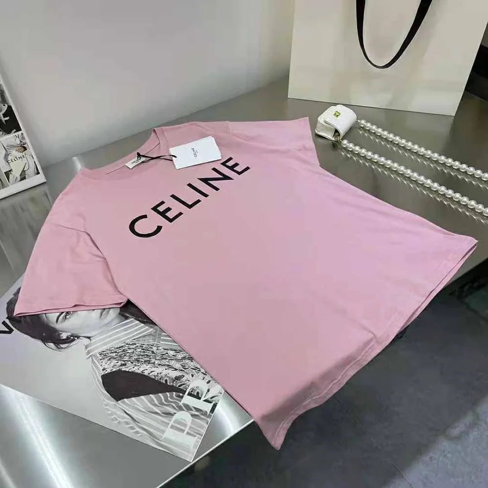 Celine Loose Unisex Cotton Jersey T-shirt for Women in Pink Celine Loose Unisex Cotton Jersey T-shirt for Women in Pink