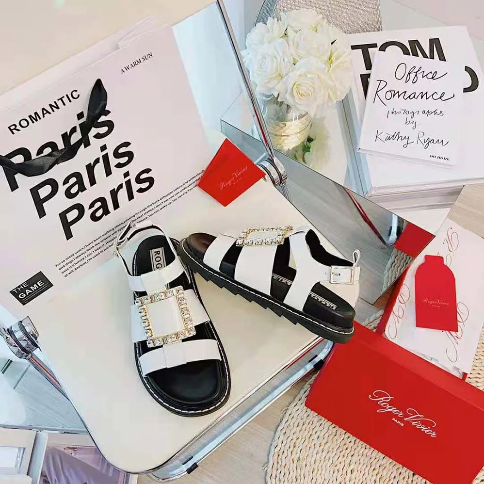 Roger Vivier Viv' Rangers Strass Buckle Sandals in Leather for Women in White