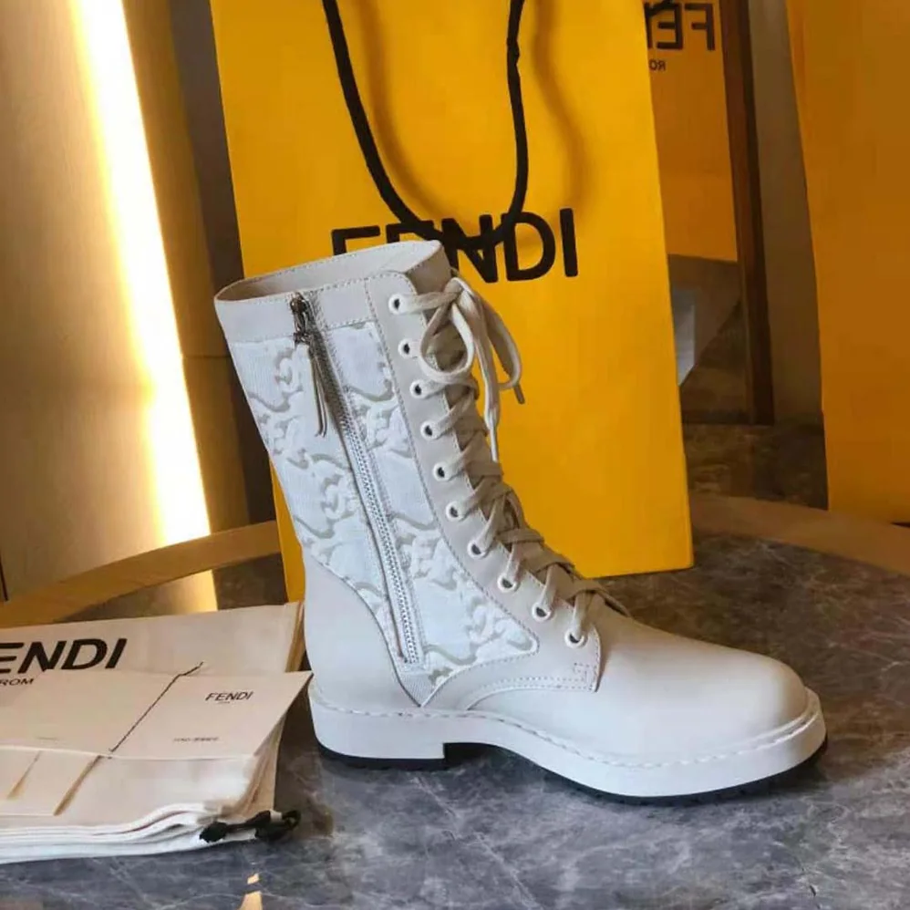 Fendi Signature White Leather Biker Boots for Women