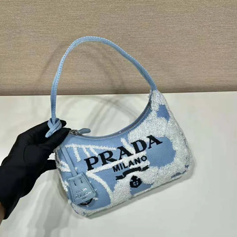 Prada Re-Edition 2000 Embroidered Drill Mini Bag for Women in Blue