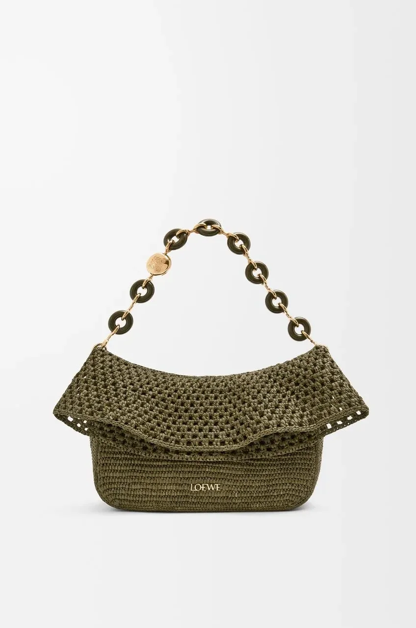 Loewe Medium Ola Bag In Raffia Dark Khaki / AP22P22X02