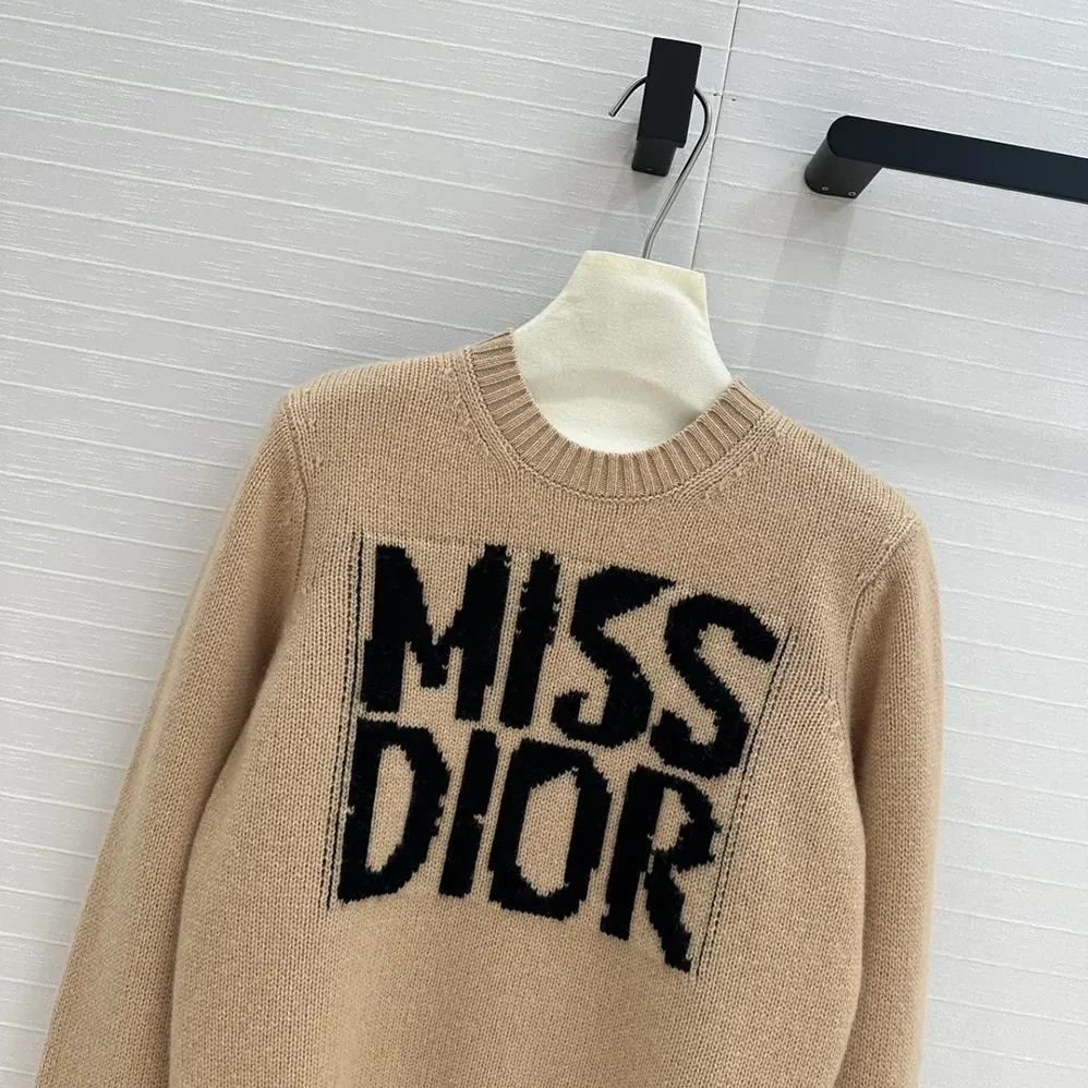 Dior Sweater Pale Pink Cashmere and Silk Knit with Black Miss Dior Graffiti Motif for Women Dior Sweater Pale Pink Cashmere and Silk Knit with Black Miss Dior Graffiti Motif for Women