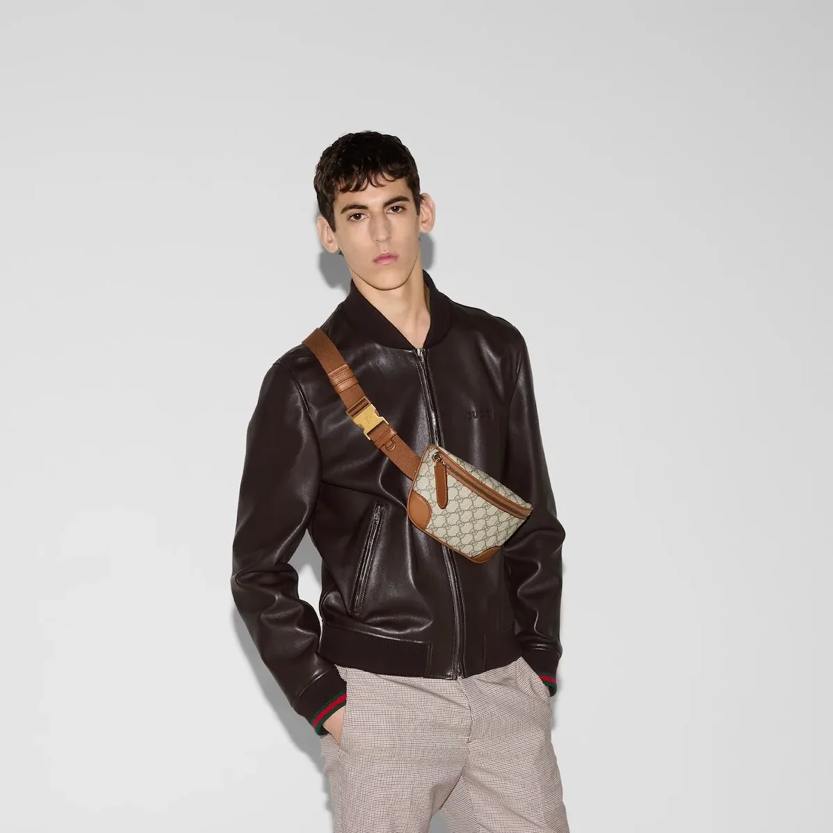 Gucci GG Emblem Small Belt Bag With Web Beige And Dark Brown /