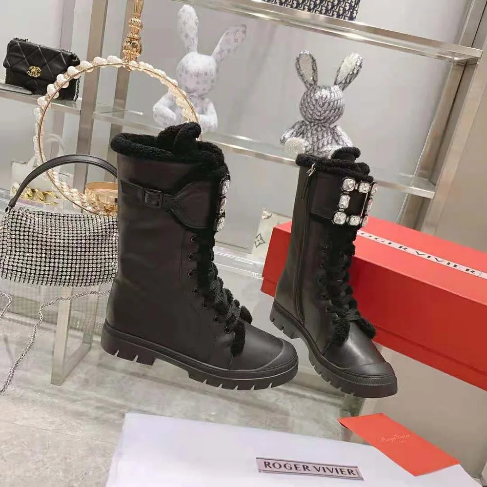 Roger Vivier Walky Viv' Shearling Strass Buckle Boots in Leather for Women in Black Roger Vivier Walky Viv' Shearling Strass Buckle Boots in Leather for Women in Black