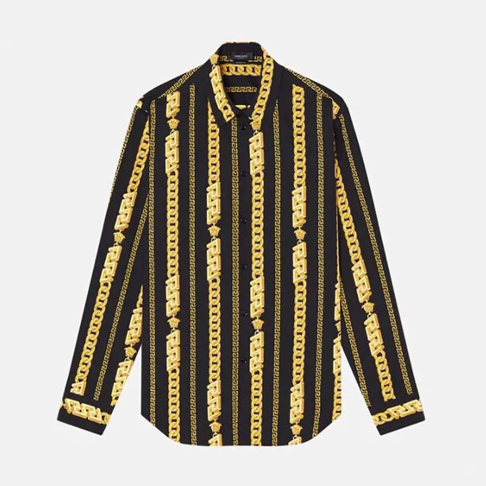 Versace Chain Pinstripe Shirt Features a Classic Silhouette for Women in Black