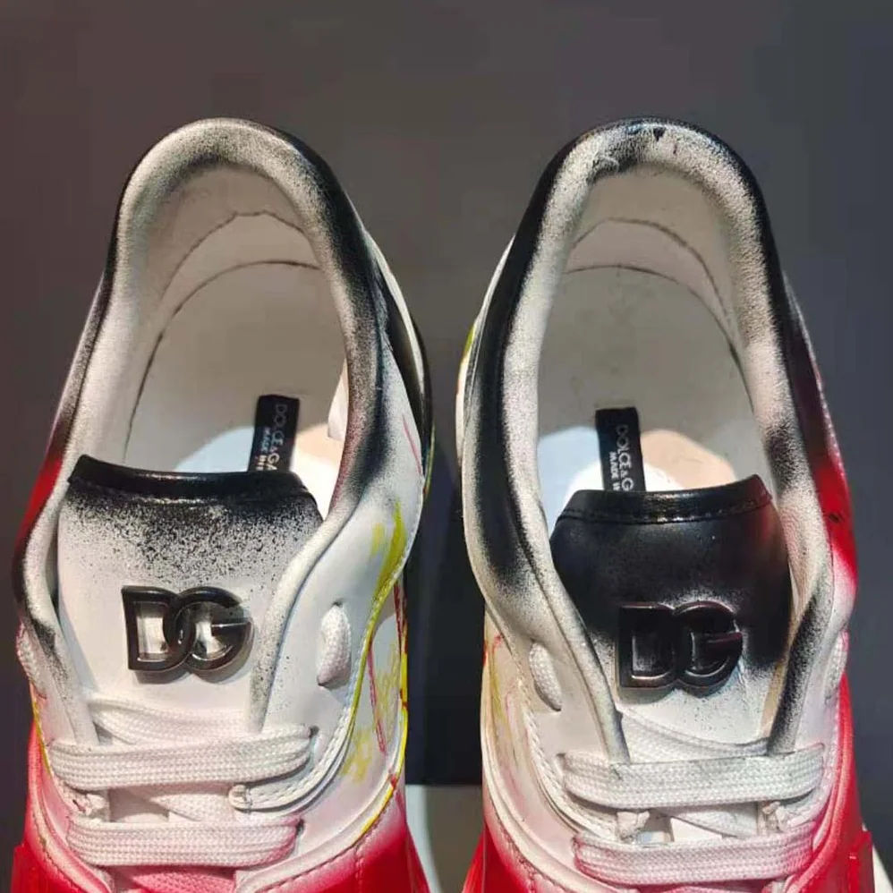 Dolce Gabbana D&G Calfskin New Roma Sneakers with Spray for Unisex in Paint Graffiti Print Dolce Gabbana D&G Calfskin New Roma Sneakers with Spray for Unisex in Paint Graffiti Print