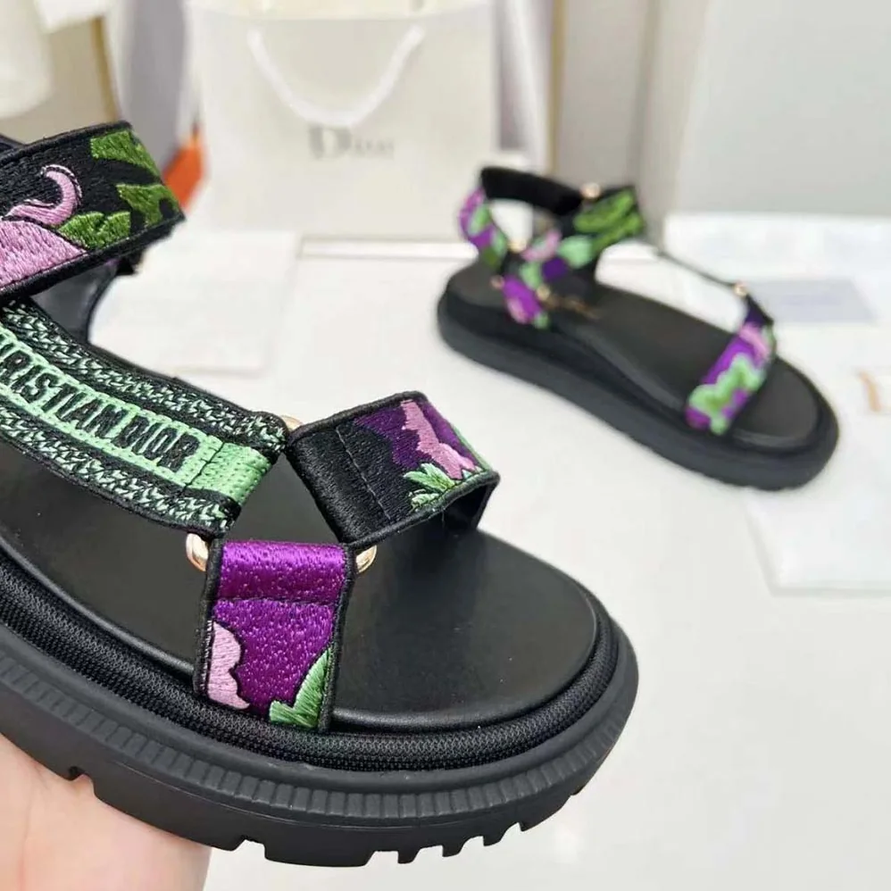 Dior D-Wave Sandal Black Multicolor Embroidered Cotton for Women