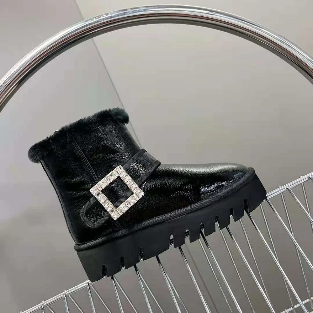 Roger Vivier Viv' Winter Fur Strass Buckle Ankle Boots in Patent Leather for Women in Black Roger Vivier Viv' Winter Fur Strass Buckle Ankle Boots in Patent Leather for Women in Black