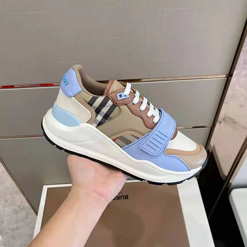 Burberry Check Cotton Canvas and Leather Sneakers for Women in Blue Burberry Check Cotton Canvas and Leather Sneakers for Women in Blue