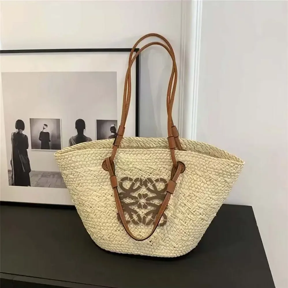 Loewe Large Anagram Basket Bag in Iraca Palm and Calfskin for Women