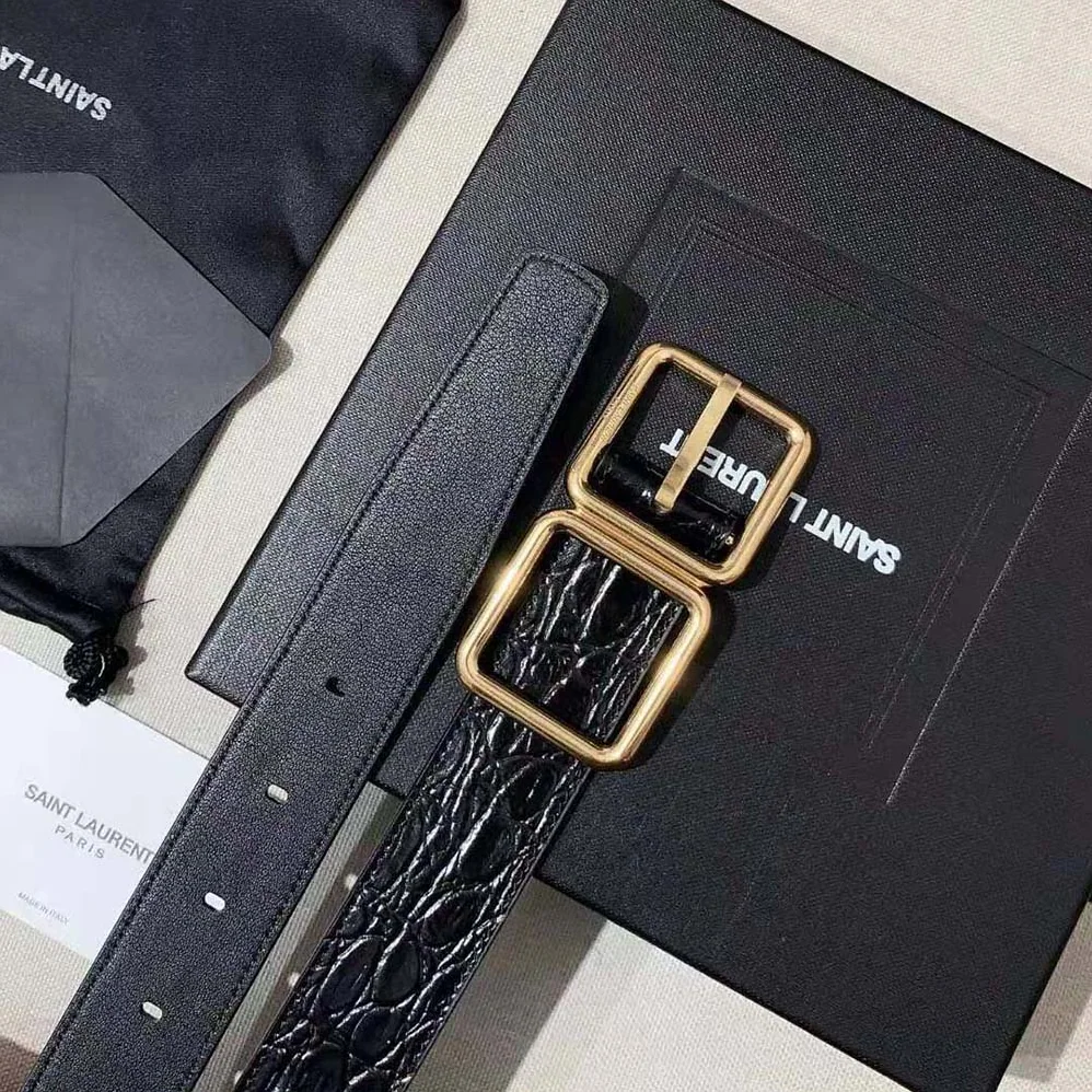 Saint Laurent YSL Double Buckle Belt in Crocodile for Women in embossed Leather