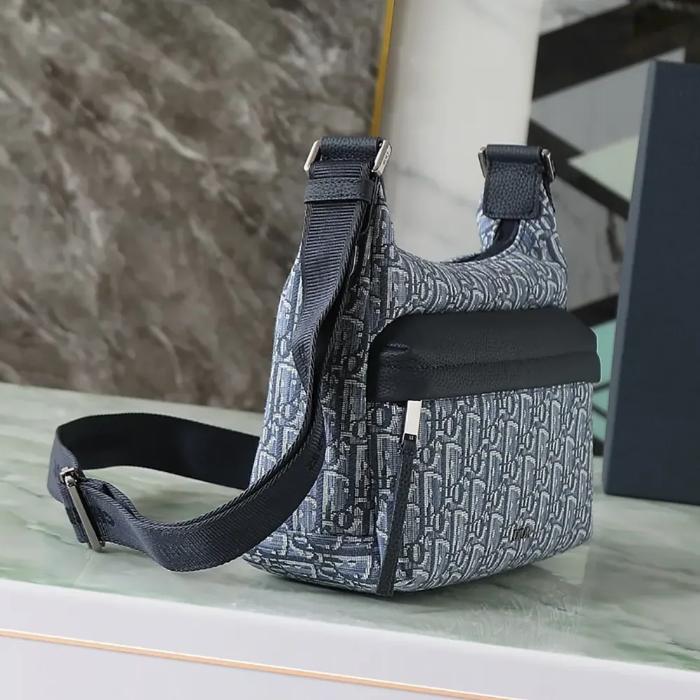 Dior Small Rider Soft Hobo Bag Blue Dior Oblique Jacquard and Blue Grained Calfskin for Men