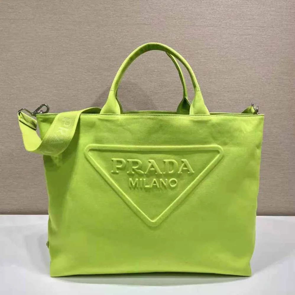 Prada Canvas Tote Bag with Contemporary Take on Classic Beach Designs for Women in Lime Prada Canvas Tote Bag with Contemporary Take on Classic Beach Designs for Women in Lime