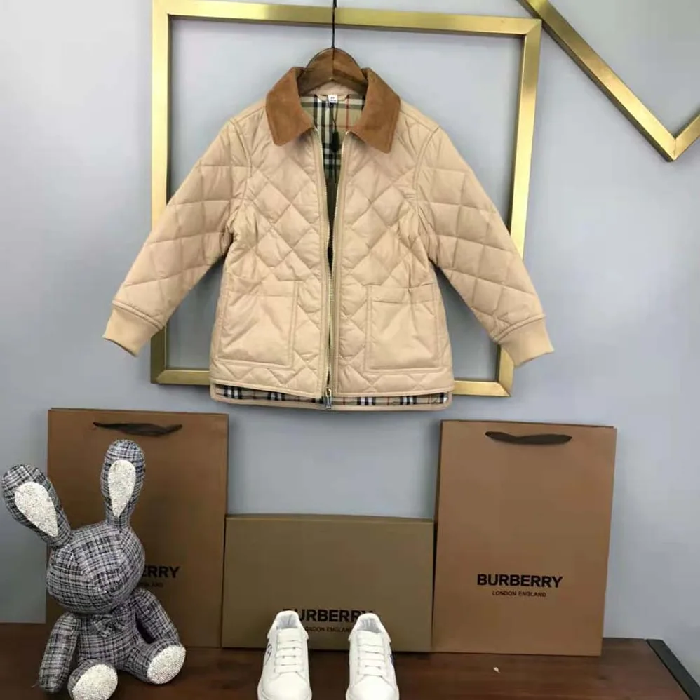 Burberry Kids' Corduroy Collar Diamond Quilted Jacket in Beige