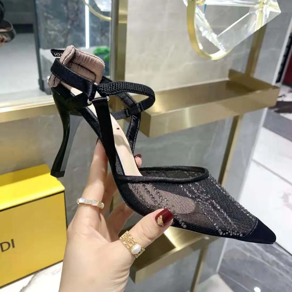 Fendi Colibri Black Mesh High-Heeled Slingbacks with Rhinestone Embroidery for Women Fendi Colibri Black Mesh High-Heeled Slingbacks with Rhinestone Embroidery for Women