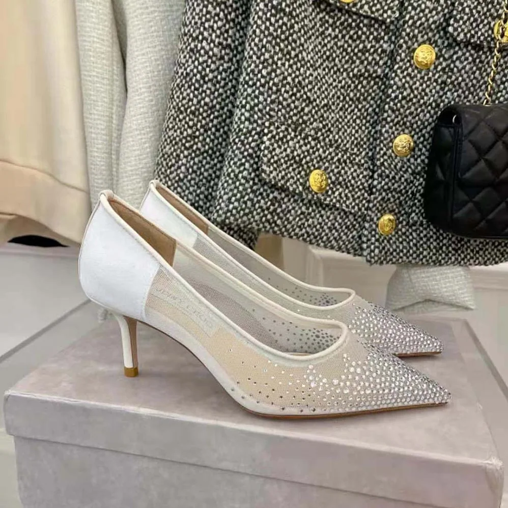 Jimmy Choo Love 85 White Mesh Pointed-Toe Pumps with Degrade Crystals for Women