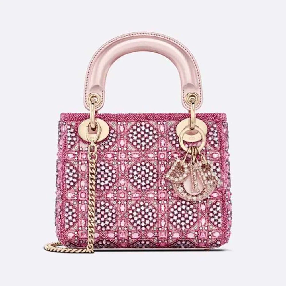 Dior Small Lady Dior Bag Metallic Calfskin and Satin with Rose Des Vents Resin Pearl Embroidery for Women Dior Small Lady Dior Bag Metallic Calfskin and Satin with Rose Des Vents Resin Pearl Embroidery for Women