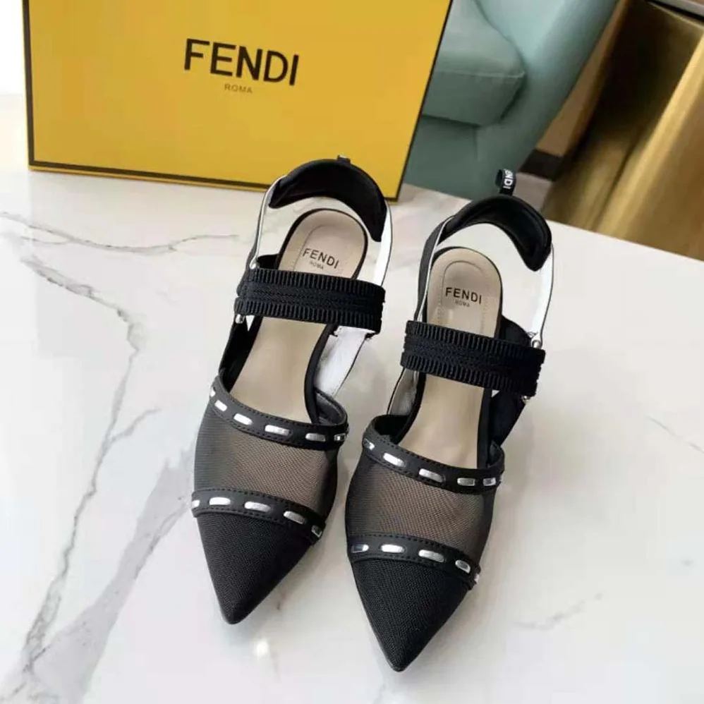 Fendi Colibri Black Mesh High-Heel Slingbacks with Metal Stitches for Women Fendi Colibri Black Mesh High-Heel Slingbacks with Metal Stitches for Women