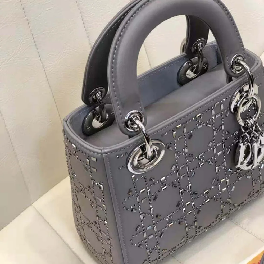 Dior Mini Lady Dior Bag Gray Strass Cannage Satin for Women