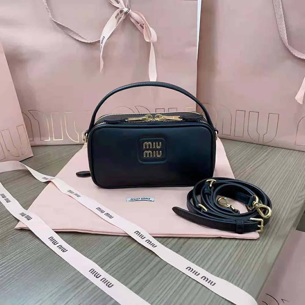 Miu Miu Arcadie Leather Bag with Metal Lettering Logo for Women in Black
