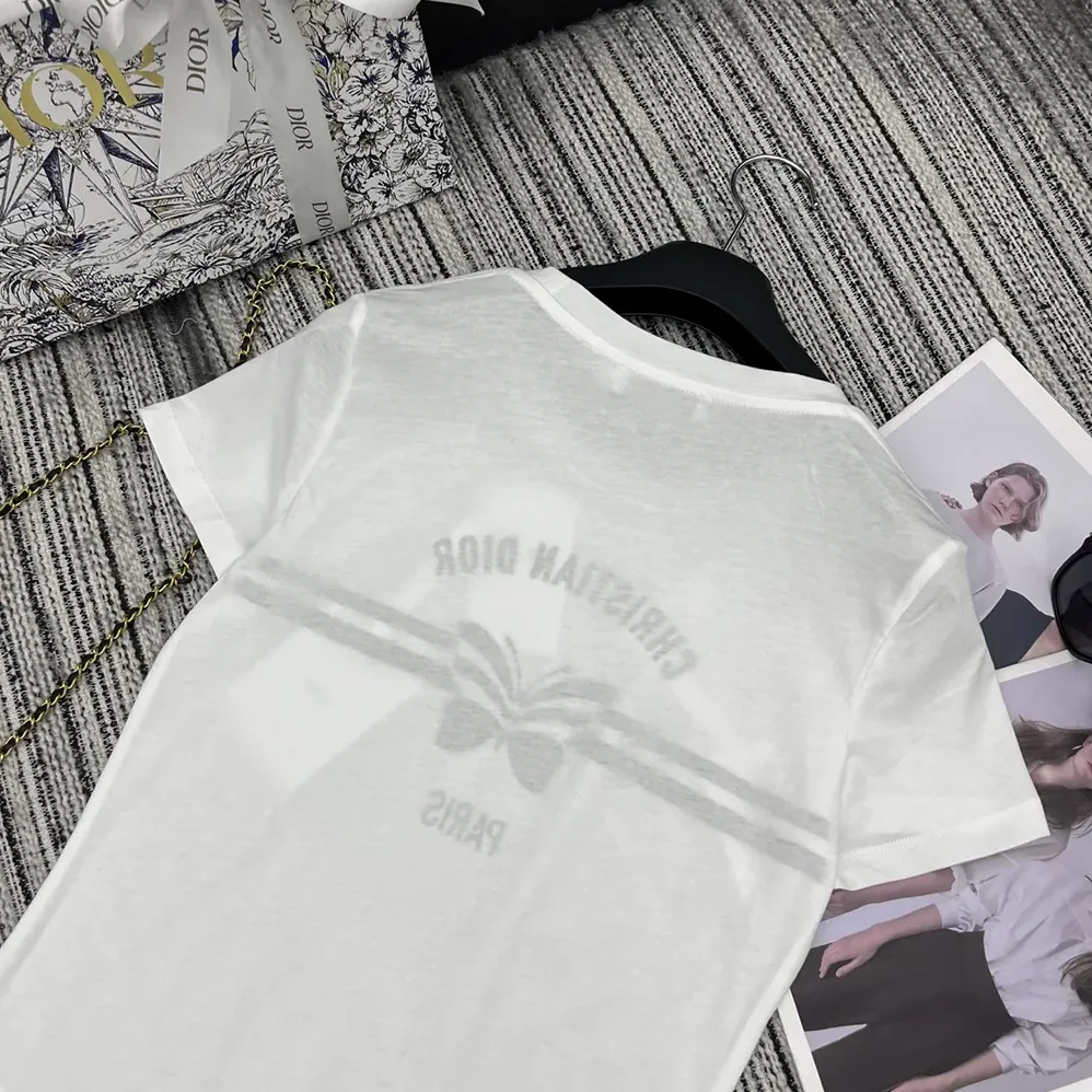 Dior T-Shirt White Cotton and Linen Jersey with Gray Christian Dior Papillon Motif for Women