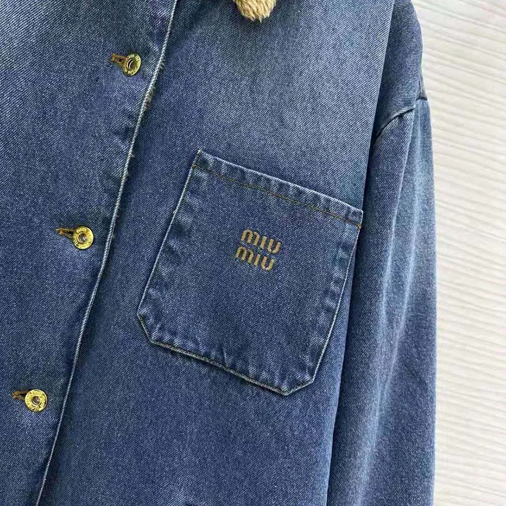 Miu Miu Embroidered Denim Blouson Jacket with Embroidered Logo for Women