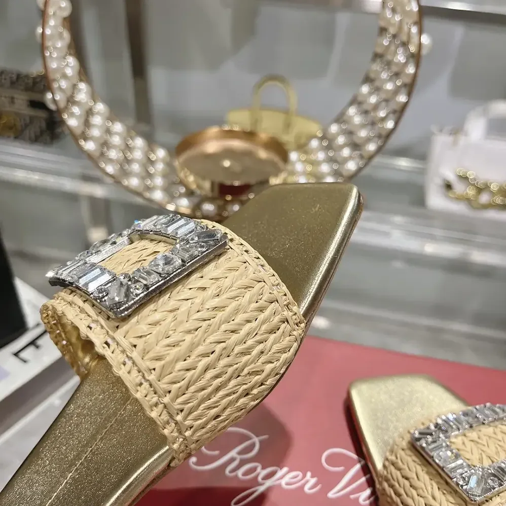 Roger Vivier Strass Buckle Slides in Raffia for Women