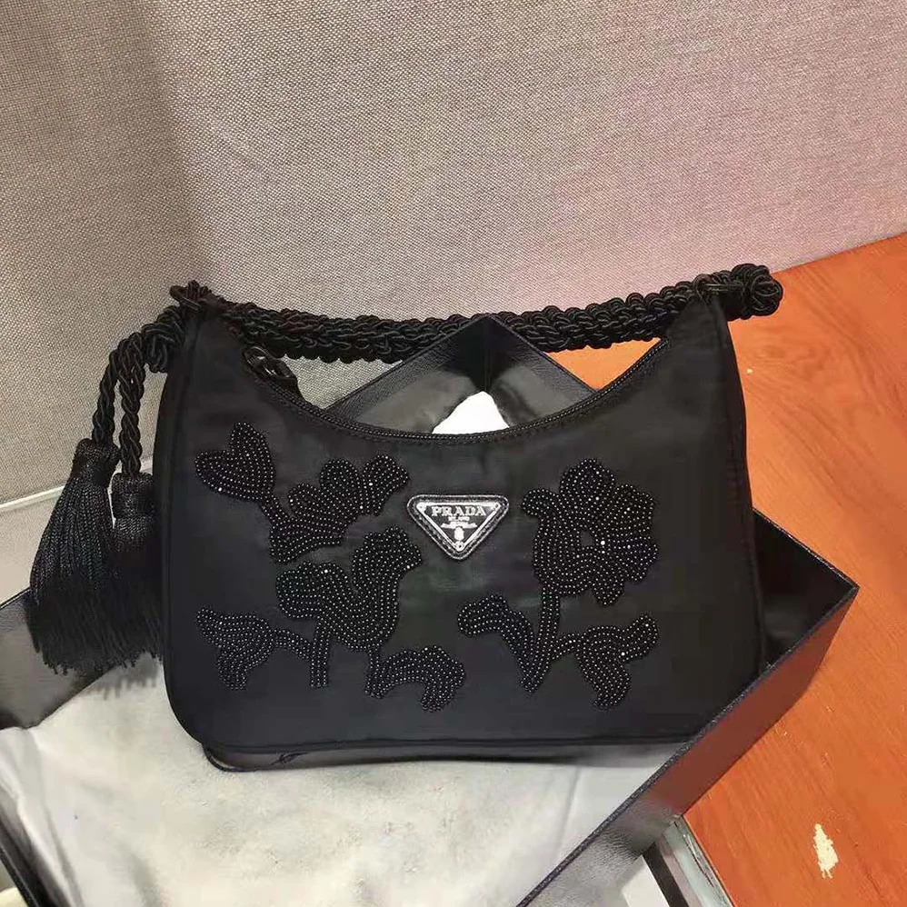 Prada Nylon Bag with Embroidery for Women in Black