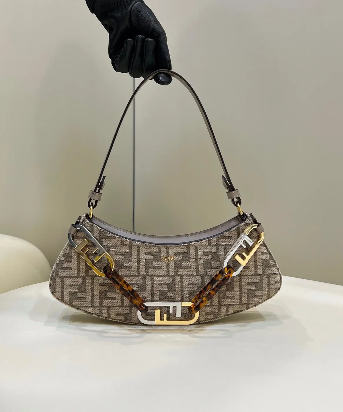 Fendi OLock Swing Dove Gray Tapestry Fabric Bag For Woman / Fendi OLock Swing Dove Gray Tapestry Fabric Bag For Woman /