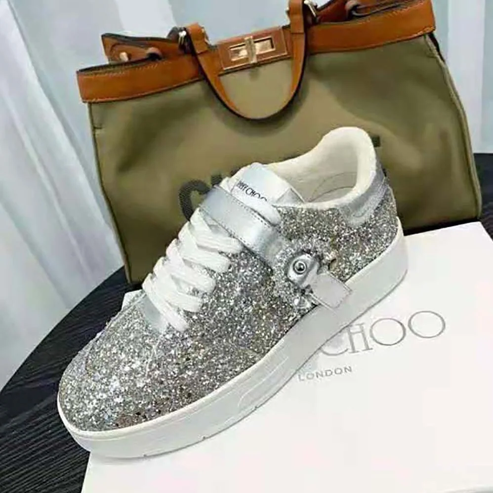 Jimmy Choo Osaka Lace up Platinum Dazzling Coarse Glitter Fabric Low Top Trainers for Women Jimmy Choo Osaka Lace up Platinum Dazzling Coarse Glitter Fabric Low Top Trainers for Women